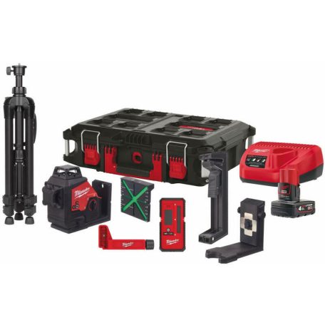 Milwaukee M123PLKIT-401P zöld vonallézer hatósugár jelfogóval 0 - 100 m 1 x 4 Ah akku + töltő PACKOUT™ kofferben