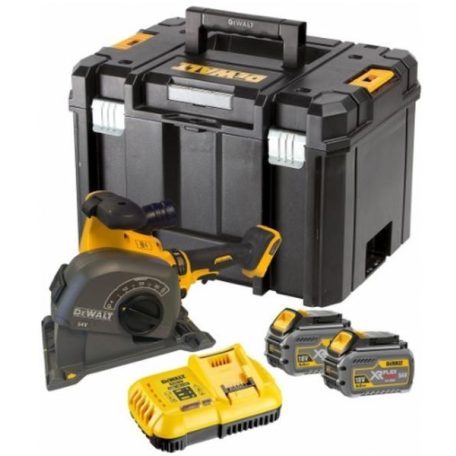 DeWALT DCG200T2 akkumulátoros falhoronymaró horonymaró 54 V 125 mm vágási szélesség 8 - 35 mm szénkefementes 2 x 6 Ah akku + töltő TSTAK kofferben